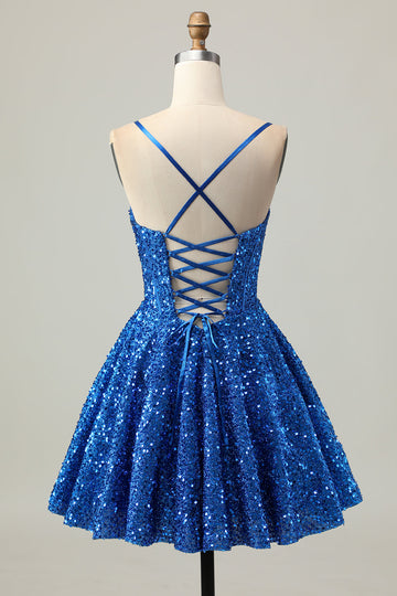 Sequins Dark Blue A Line Short Corset Cocktail Dress